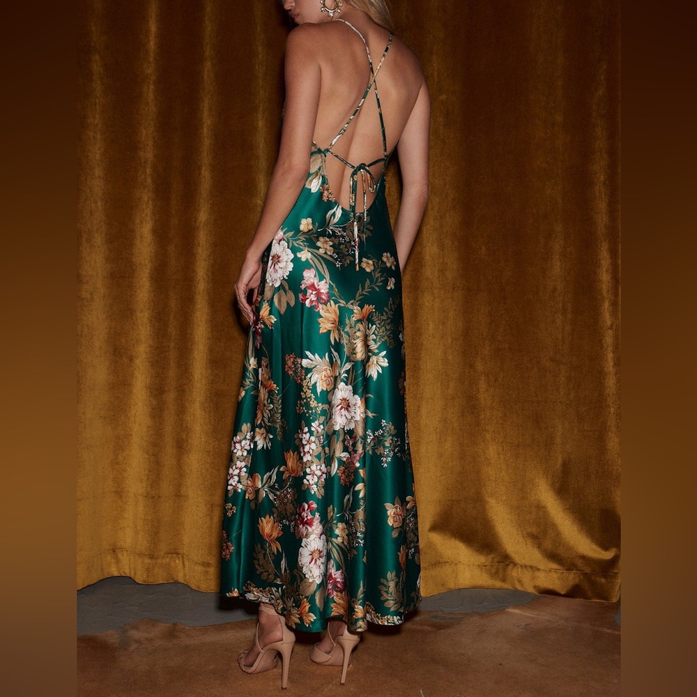 12th Tribe Emerald Green Floral Backless Slip Dress